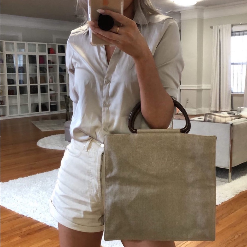 Authentic Chanel 2000-02 Vintage Woven Linen CC Tote Wood Handles